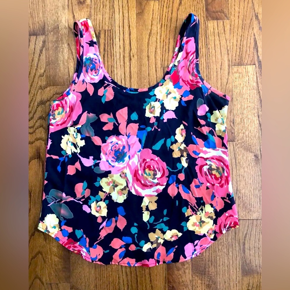 B. Jewel Colorful Floral Print Sleeveless Blouse Neon Green Zipper Size Small
